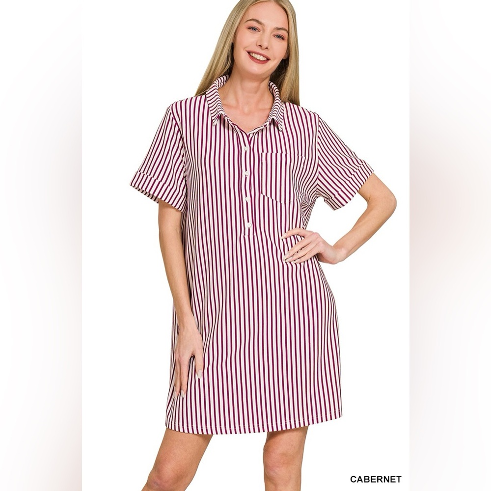Zenana Stripe Collared Half Button Up T-Shirts Dress